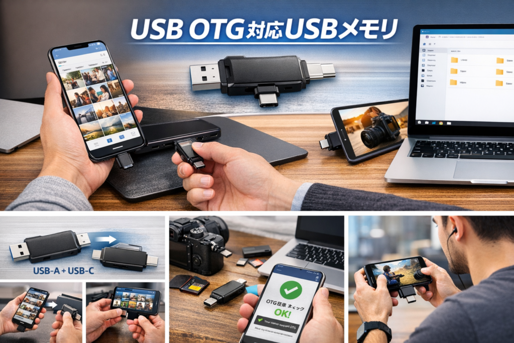 USB OTG対応USBメモリを使ってスマートフォン・ノートPC・タブレット間でデータを転送する様子。中央にUSB-AとUSB-C両対応のOTGメモリが配置され、スマホ・PC・カメラ・ゲーム操作など多用途利用を示す構成。『USB OTG対応USBメモリ』の文字が上部に表示され、OTGチェック画面や3in1タイプの製品も含まれる。