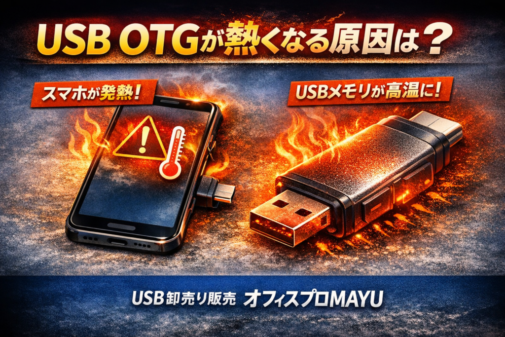 USB OTGが熱くなる原因を分かりやすく示す日本語図解。スマホがUSB OTG接続で発熱し、USBメモリが高温になる様子を視覚的に説明。USB卸売り販売 オフィスプロMAYUによるUSB OTG発熱対策ガイド用画像