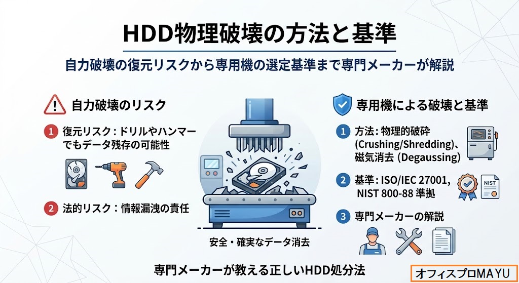 HDDの物理破壊方法と基準 自力破壊の復元リスクから専用機の選定基準まで専門メーカー オフィスプロMAYUが解説